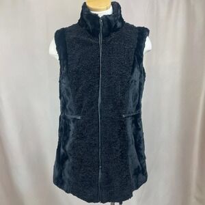 FAUX FRENZY Black Vest Womens (L) Soft Black Vegan Fur Zip Pockets Classic